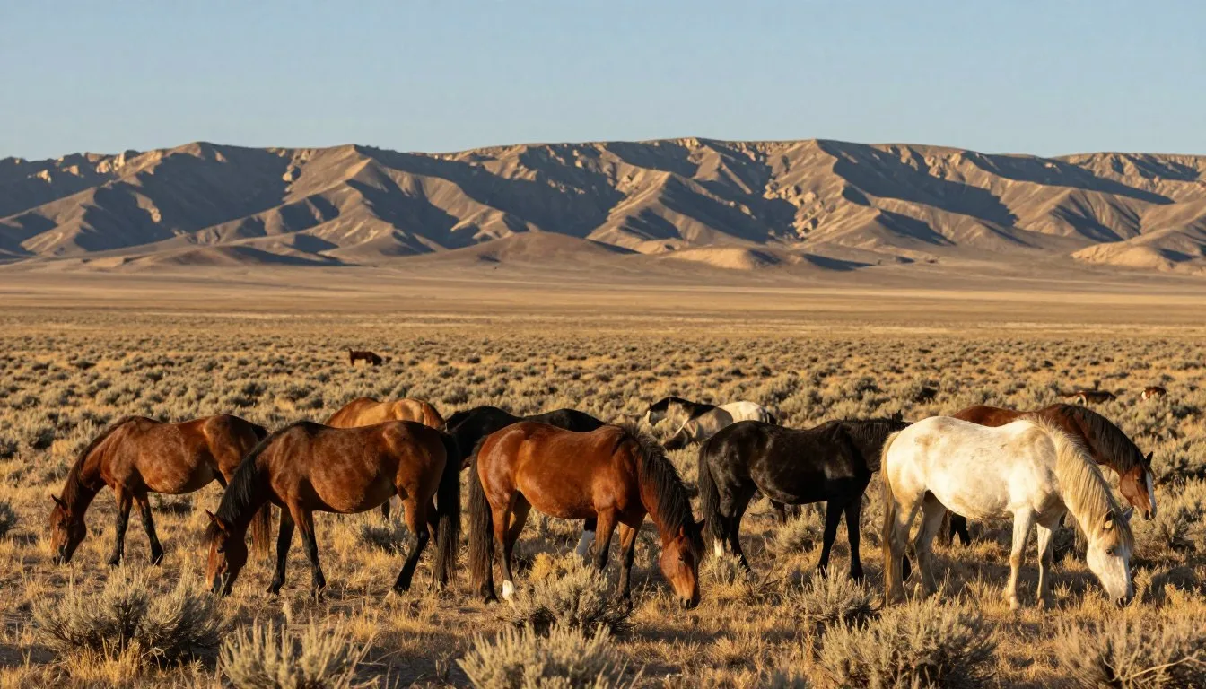 Wild-horses-grazing-at-Sand-Wash-Basin-with-expansive-desert-landscape Wild horses grazing at Sand Wash Basin with expansive desert landscape