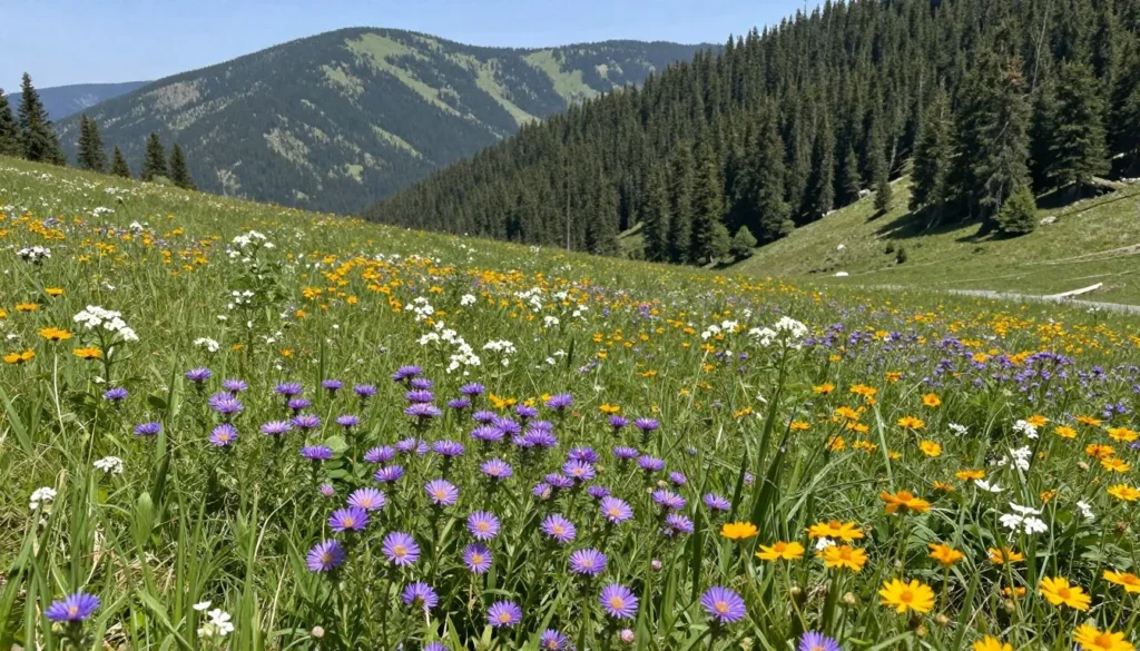 Wildflower meadow in bloom near Cherohala Skyway with mountain backdrop