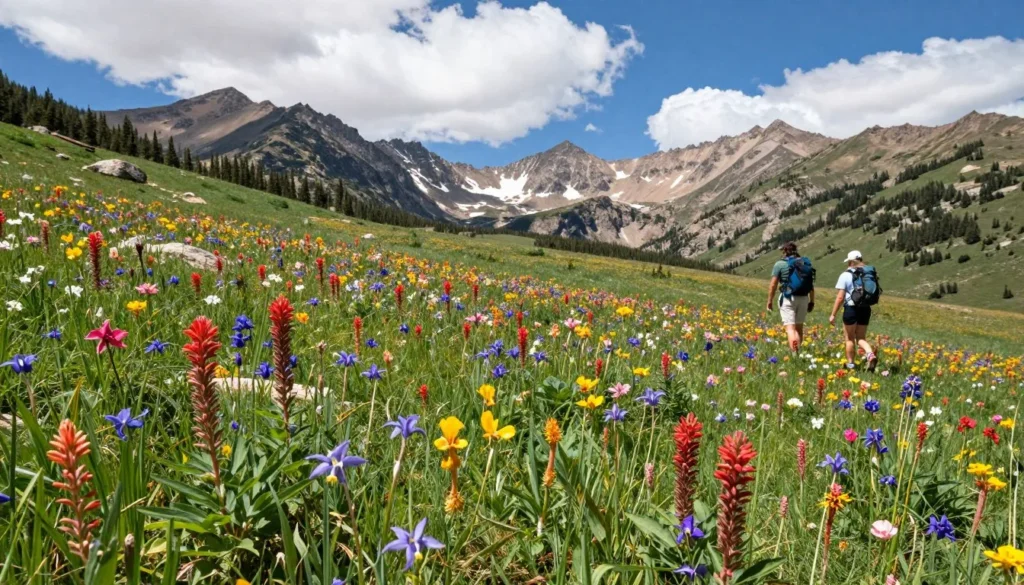Wildflowers blooming on alpine meadow with mountain peaks in background under sunny skies Wildflowers blooming on alpine meadow with mountain peaks in background under sunny skies