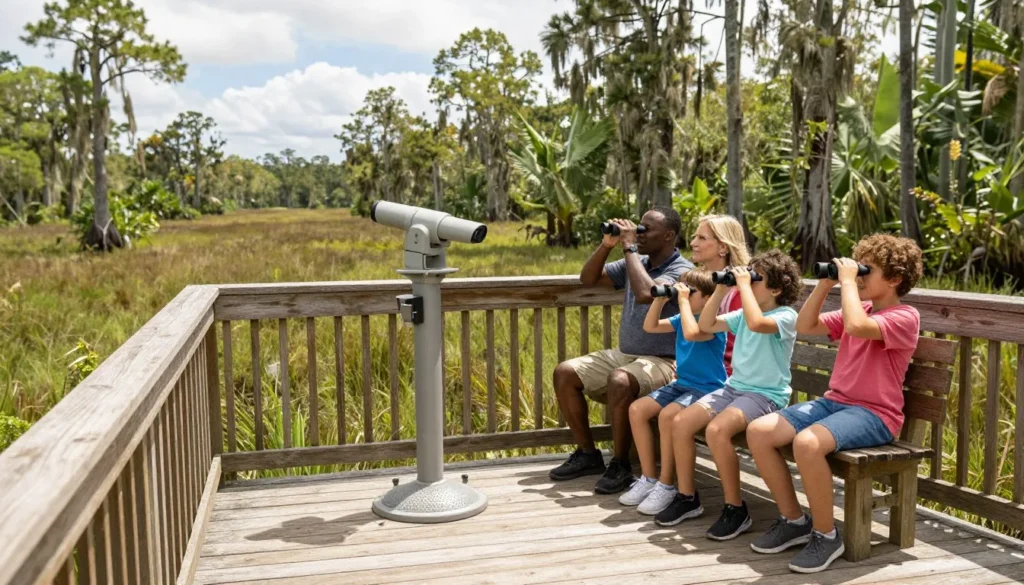 Wildlife observation platform overlooking Big Cypress wetland with viewing scope