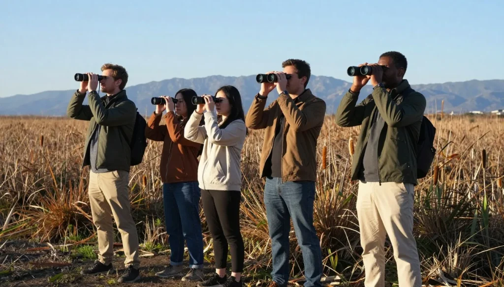 Wildlife photographer with diverse group observing birds at Rocky Mountain Arsenal wetlands Wildlife photographer with diverse group observing birds at Rocky Mountain Arsenal wetlands