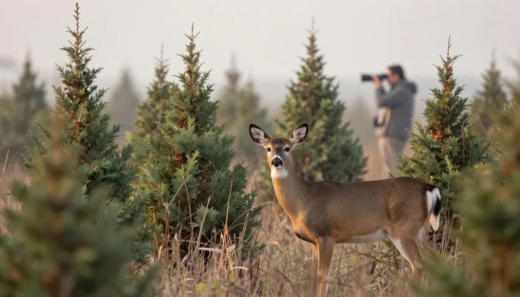 Wildlife photography opportunity with deer in natural cedar forest habitat
