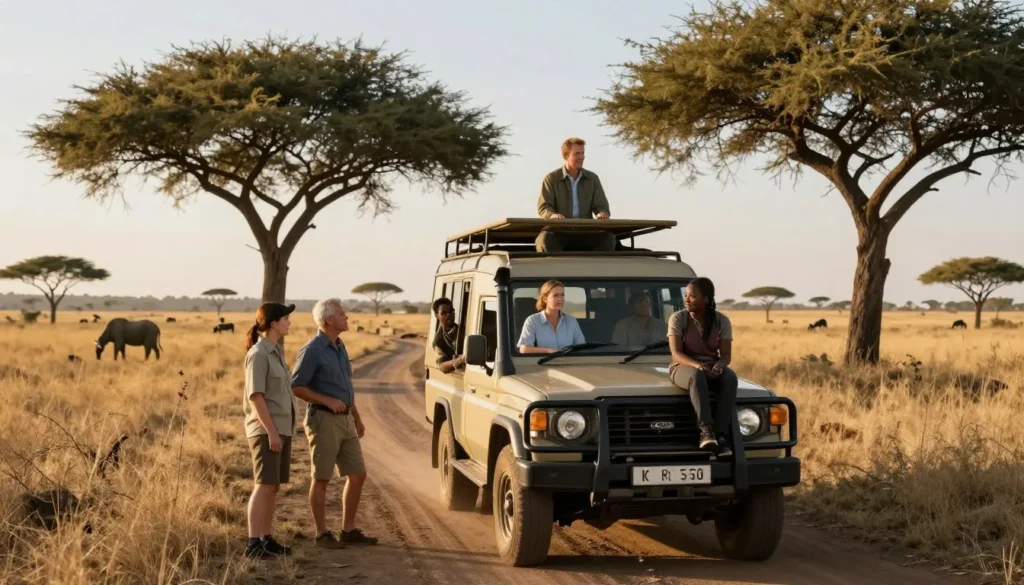 Wildlife safari vehicle on dirt road in Swaziland national park with tourists observing nature Wildlife safari vehicle on dirt road in Swaziland national park with tourists observing nature