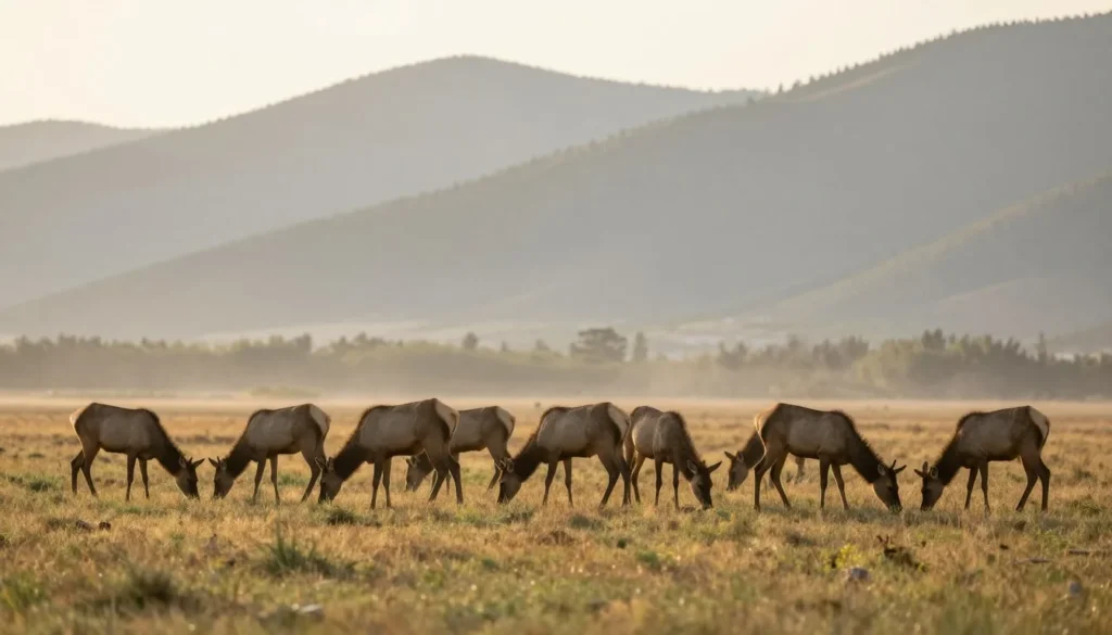 Wildlife scene with elk herd in mountain valley meadow at sunrise