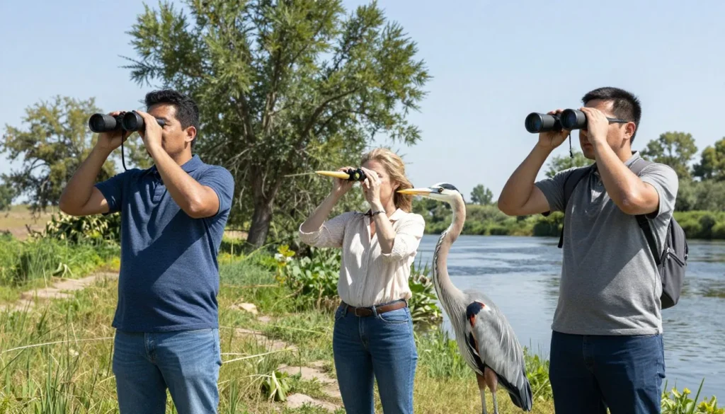 Wildlife viewing along South Platte River Trail with bird watchers using binoculars Wildlife viewing along South Platte River Trail with bird watchers using binoculars