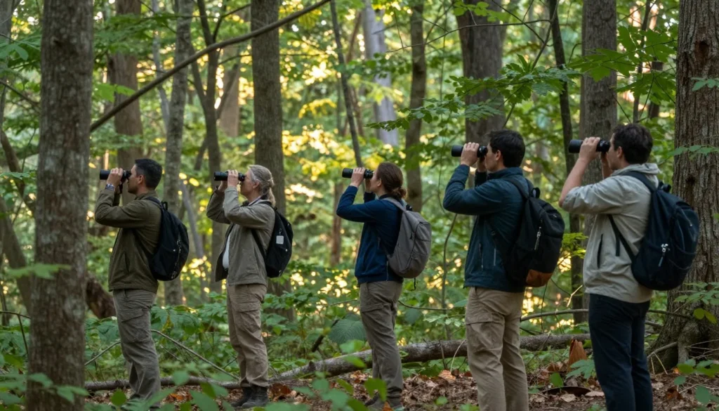 Wildlife viewing along park trail with birds in natural habitat