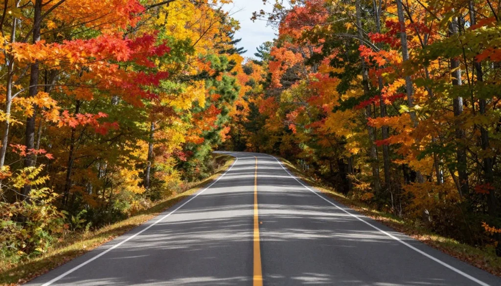 Winding forest road leading to Carter State Natural Area through autumn foliage