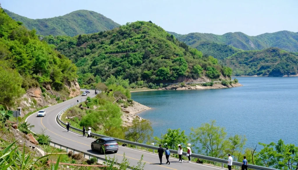 Winding lakeside road at Center Hill Lake with diverse tourists in car enjoying scenic views