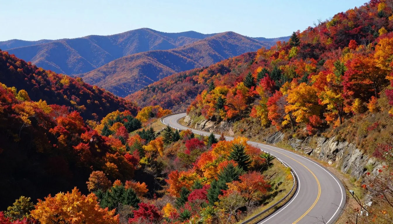 Winding mountain road of Cherohala Skyway Tennessee cutting through vibrant fall foliage with distant blue ridge peaks