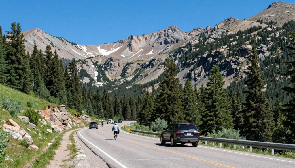 Winding mountain road through San Juan Mountains Colorado approaching La Garita Caldera Winding mountain road through San Juan Mountains Colorado approaching La Garita Caldera