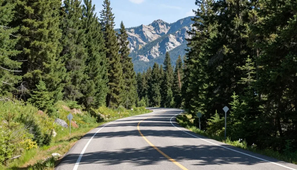 Winding mountain road through evergreen forest in Rocky Mountains