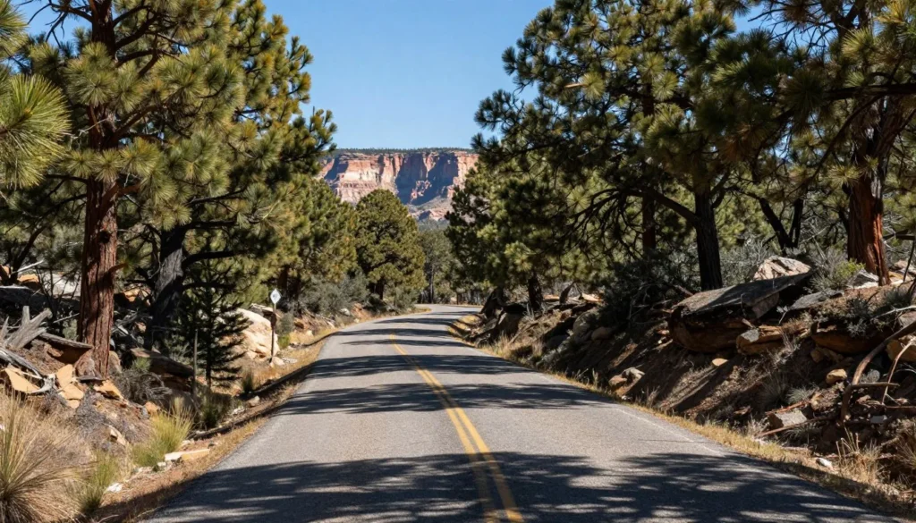 Winding mountain road through pinon-juniper forest at Mesa Verde