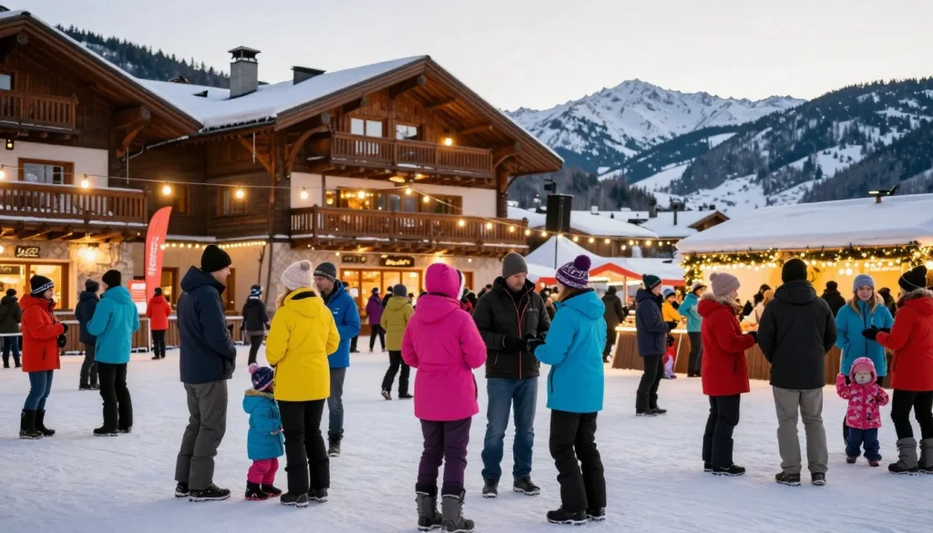 Winter festival celebration at mountain resort with people gathered outdoors