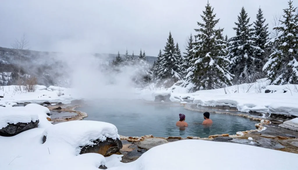 Winter scene at Penny Hot Springs with snow-covered rocks and steam rising from pools