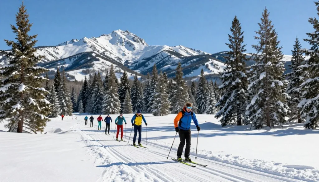 Winter snow scene in Bear River Range with cross-country skiers on groomed trail