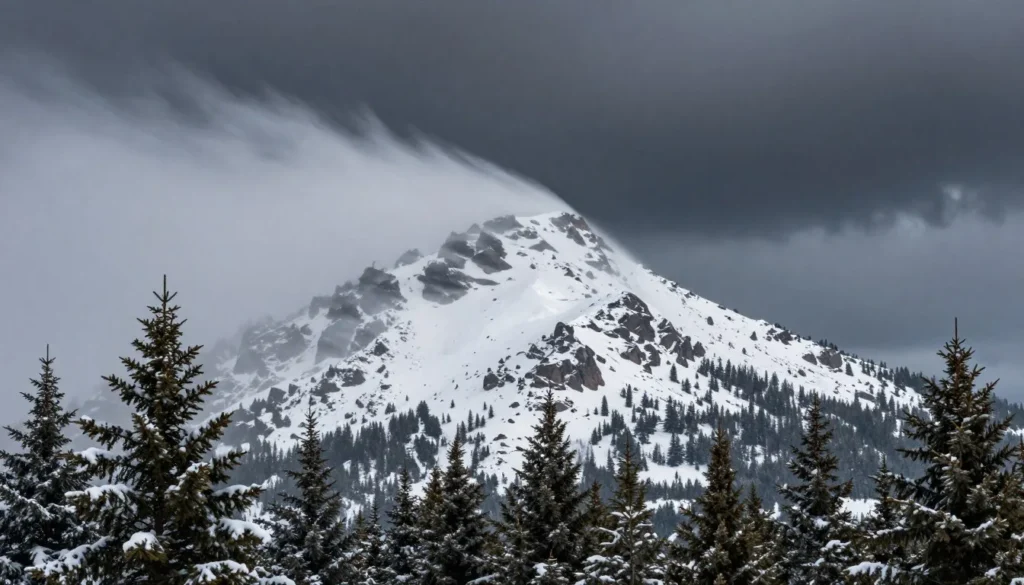 Winter storm clouds gathering over Pikes Peak summit with snow-covered peak Winter storm clouds gathering over Pikes Peak summit with snow-covered peak
