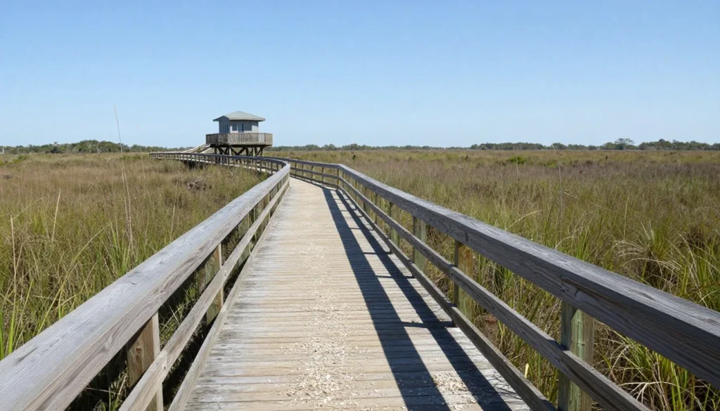 Wooden boardwalk nature trail through Louisiana marsh Wooden boardwalk nature trail through Louisiana marsh