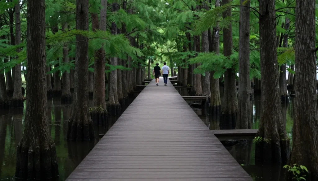 Wooden boardwalk through Dismal Swamp at Big Hill Pond State Park