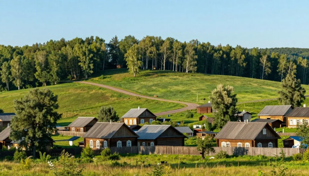 Yaroslavl Oblast countryside landscape with traditional Russian architecture