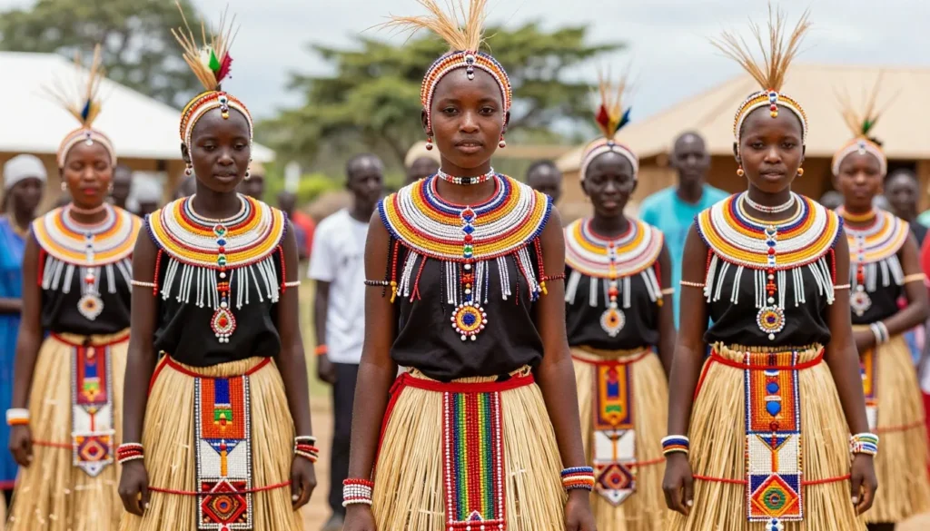 Young Swazi women in traditional reed dance ceremony attire with colorful beads Young Swazi women in traditional reed dance ceremony attire with colorful beads