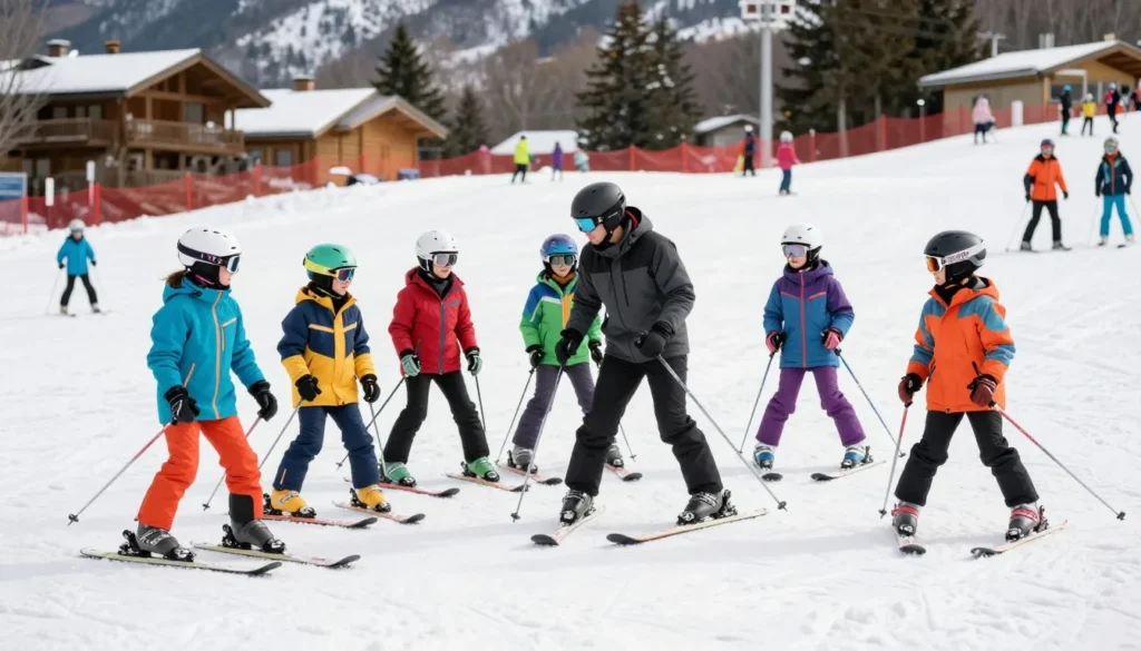 Young children receiving ski instruction in safe learning area at Eagle Point Young children receiving ski instruction in safe learning area at Eagle Point