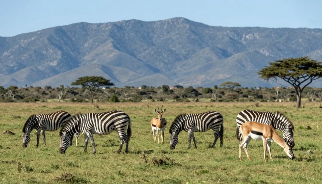 Zebras and antelopes grazing together in open grassland with mountains in background Zebras and antelopes grazing together in open grassland with mountains in background