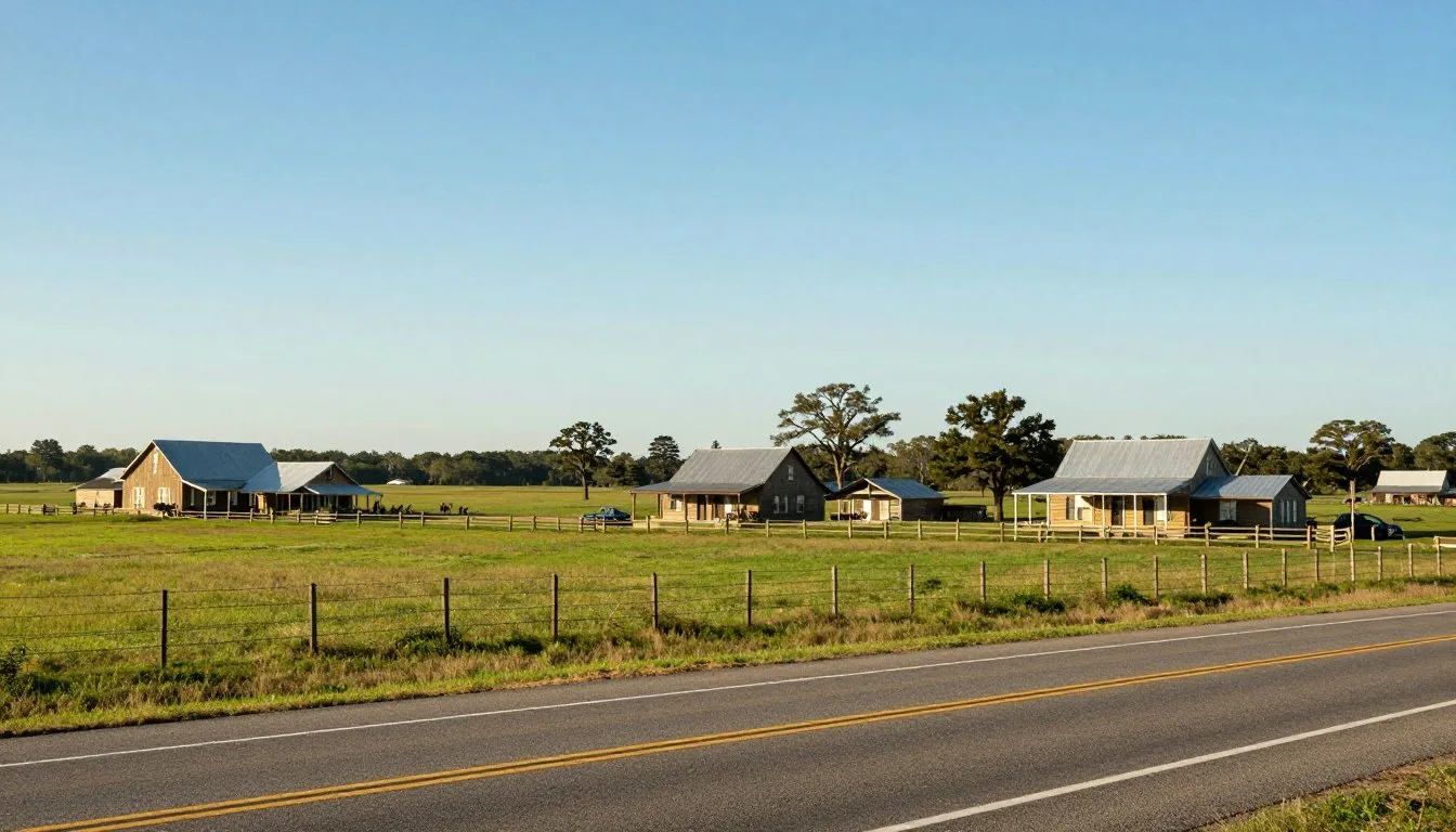 Zydeco Cajun Prairie Scenic Byway winding through Louisiana farmland with historic Cajun buildings