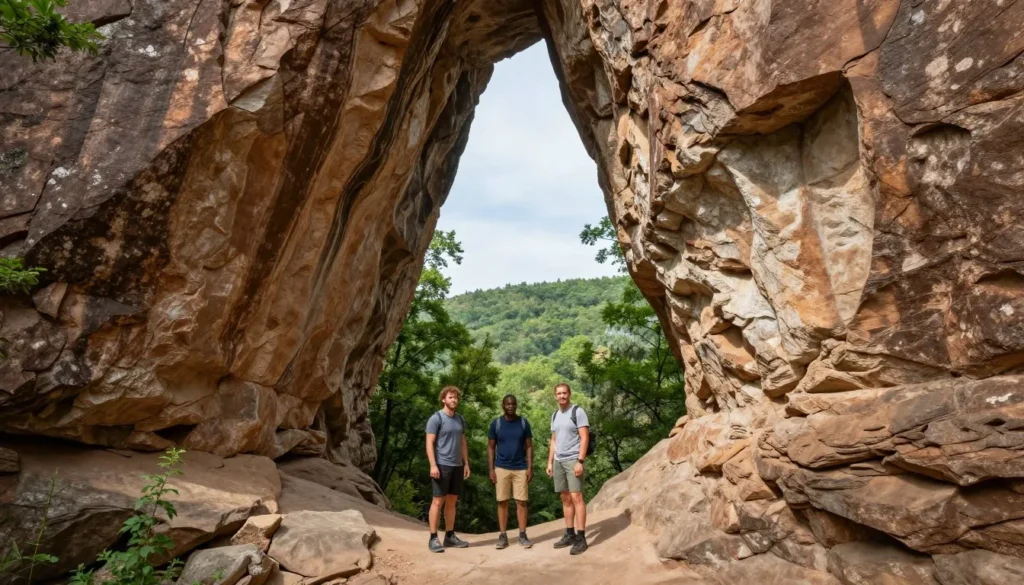 hikers exploring natural sandstone arch formation at Big South Fork hikers exploring natural sandstone arch formation at Big South Fork