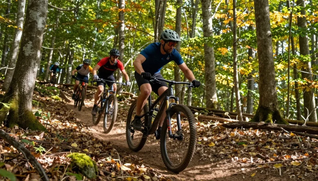mountain biker riding trail through Big South Fork forest mountain biker riding trail through Big South Fork forest