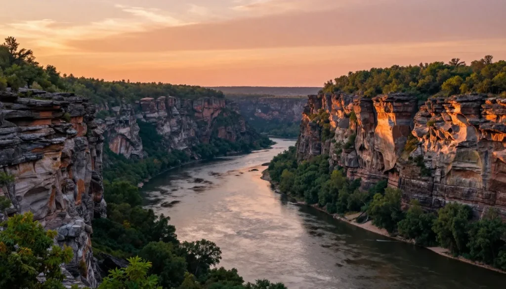 sunset view over Big South Fork gorge with river below sunset view over Big South Fork gorge with river below