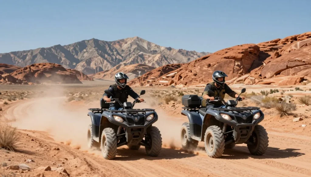 ATVs on desert trail with mountain backdrop