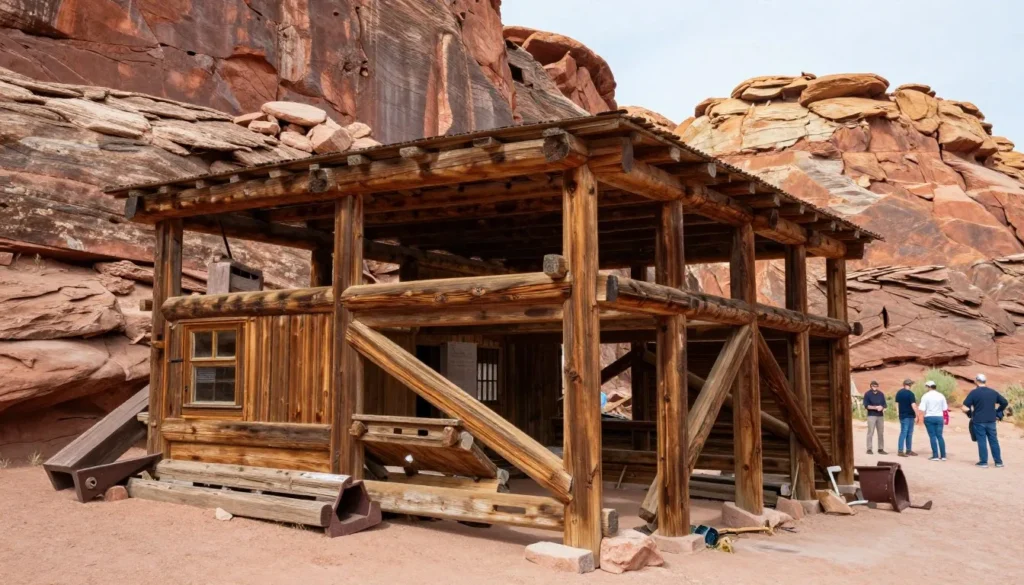 Abandoned historic mining structure with weathered wood against canyon backdrop Abandoned historic mining structure with weathered wood against canyon backdrop