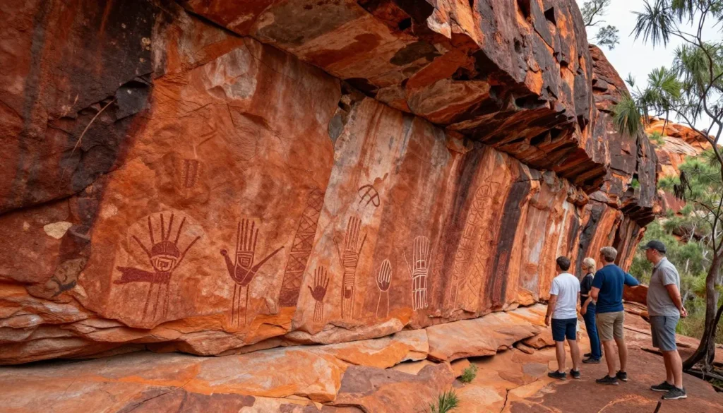 Aboriginal rock art site showing ancient paintings on sandstone cliff face Aboriginal rock art site showing ancient paintings on sandstone cliff face