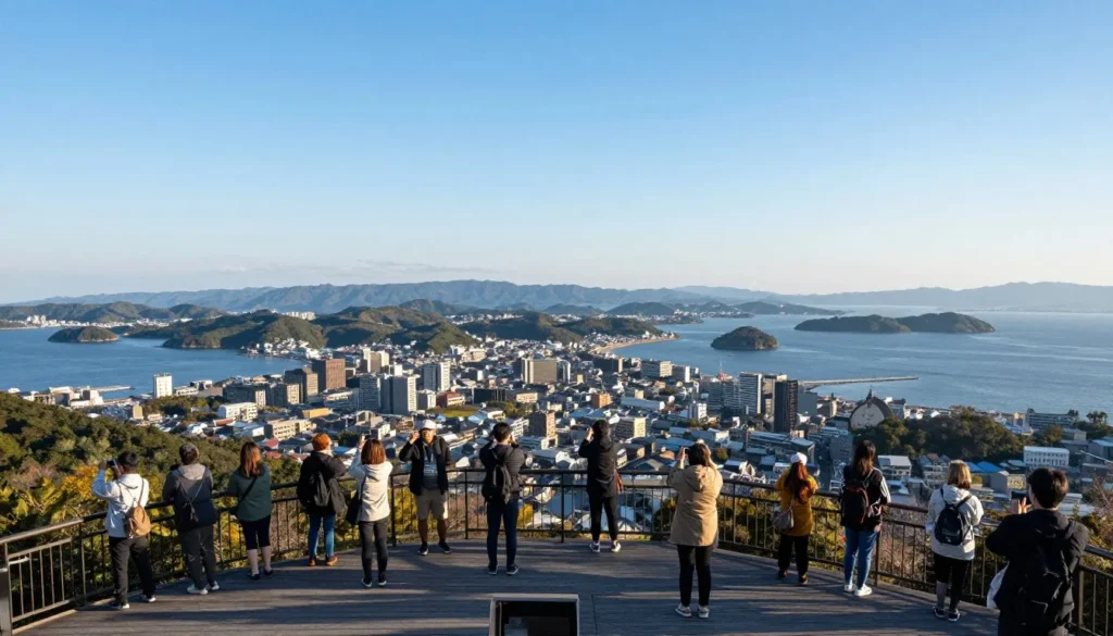 Aerial view from mountain showing city and islands in the sea under blue sky Aerial view from mountain showing city and islands in the sea under blue sky