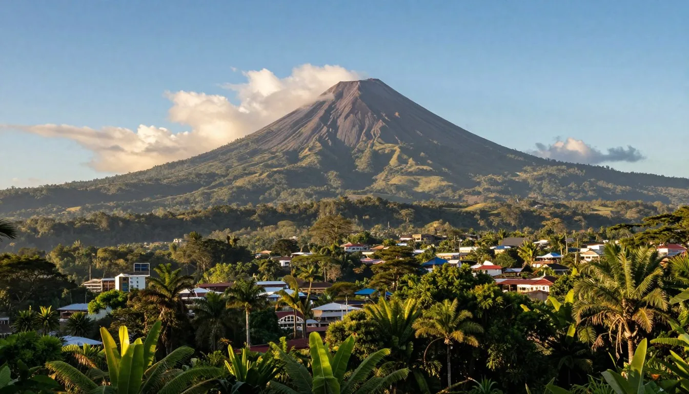 Aerial view of La Fortuna town with Arenal Volcano in background