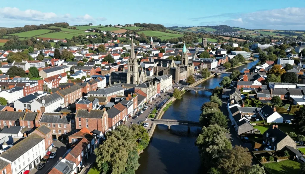 Aerial view of Waterford city center with the River Suir flowing through historic downtown and green countryside surrounding the urban area