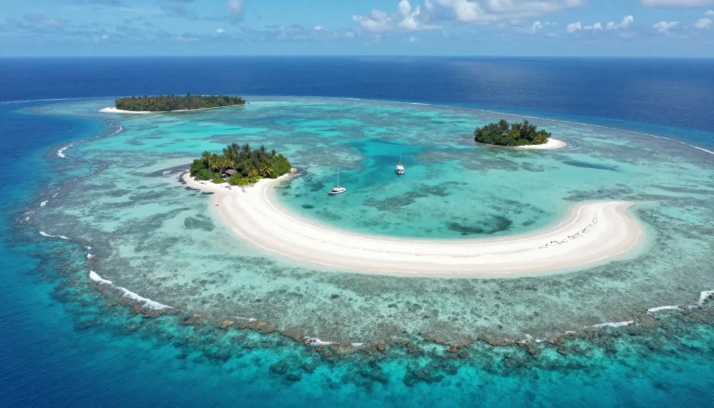 Aerial view of multiple small Caribbean islands and cayes near Belize barrier reef