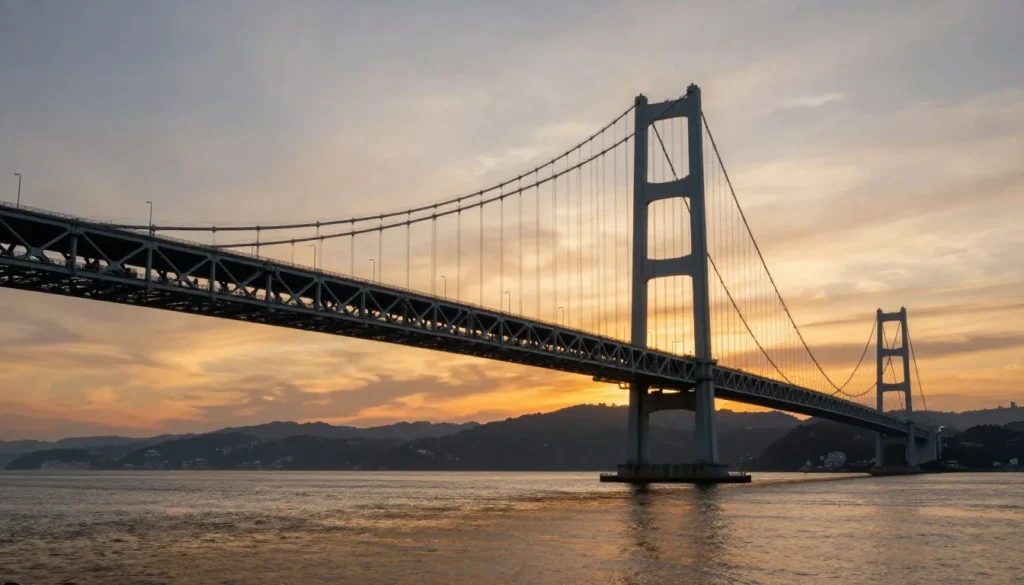 Akashi Kaikyo Bridge spanning water at sunset Akashi Kaikyo Bridge spanning water at sunset