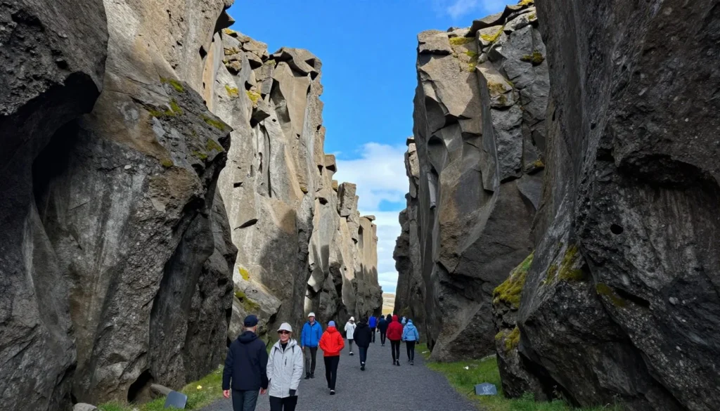 Almannagjá gorge at Thingvellir National Park Iceland with walking tourists Almannagjá gorge at Thingvellir National Park Iceland with walking tourists