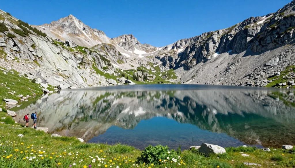 Alpine lake in Ruby Mountains with mountain reflection