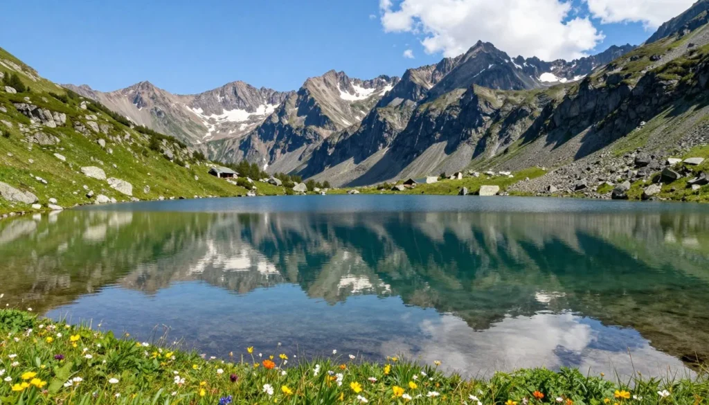 Alpine lake reflecting mountain peaks