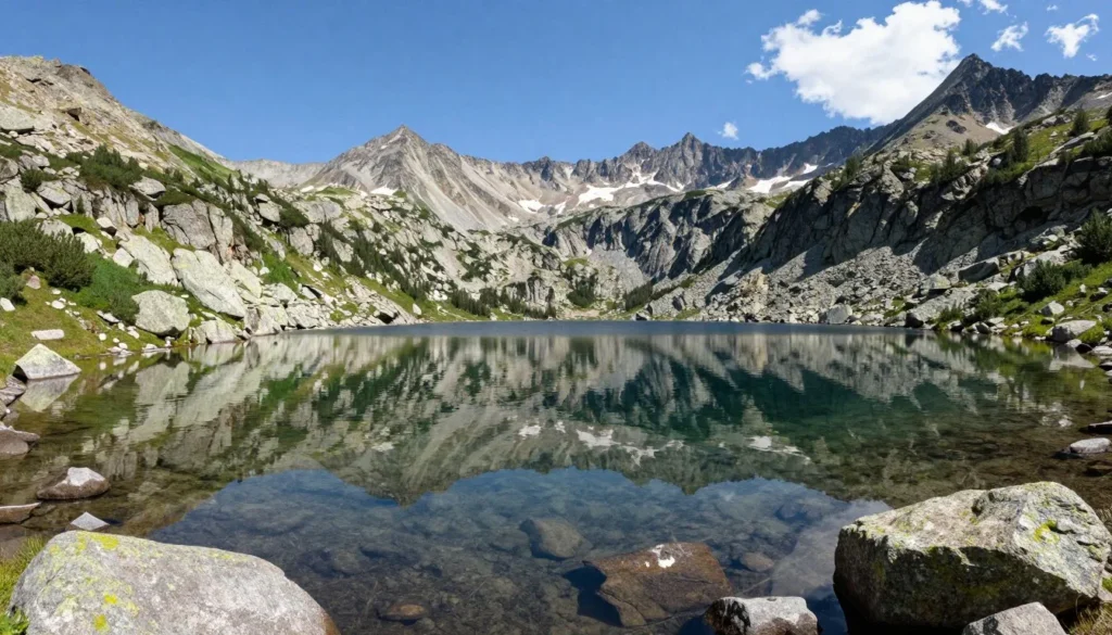 Alpine lake reflecting mountain peaks in Chicago Basin wilderness Alpine lake reflecting mountain peaks in Chicago Basin wilderness
