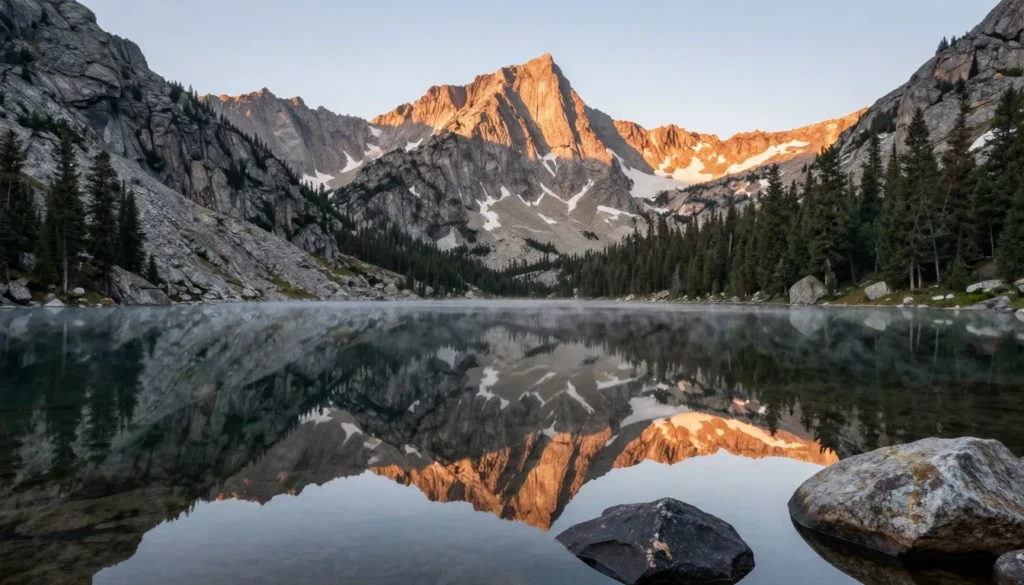 Alpine lake reflecting mountain peaks in Ruby Mountains wilderness Alpine lake reflecting mountain peaks in Ruby Mountains wilderness