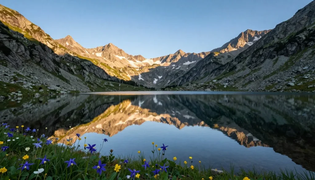 Alpine lake reflecting mountain peaks with wildflowers in foreground in Colorado high country Alpine lake reflecting mountain peaks with wildflowers in foreground in Colorado high country