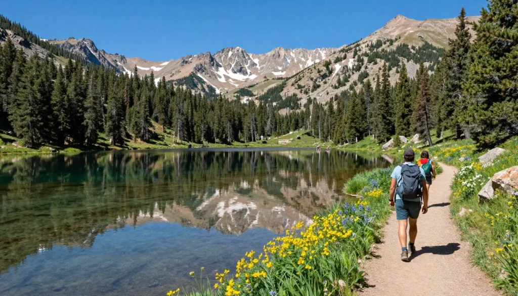 Alpine lake surrounded by pine forests and mountain peaks Alpine lake surrounded by pine forests and mountain peaks