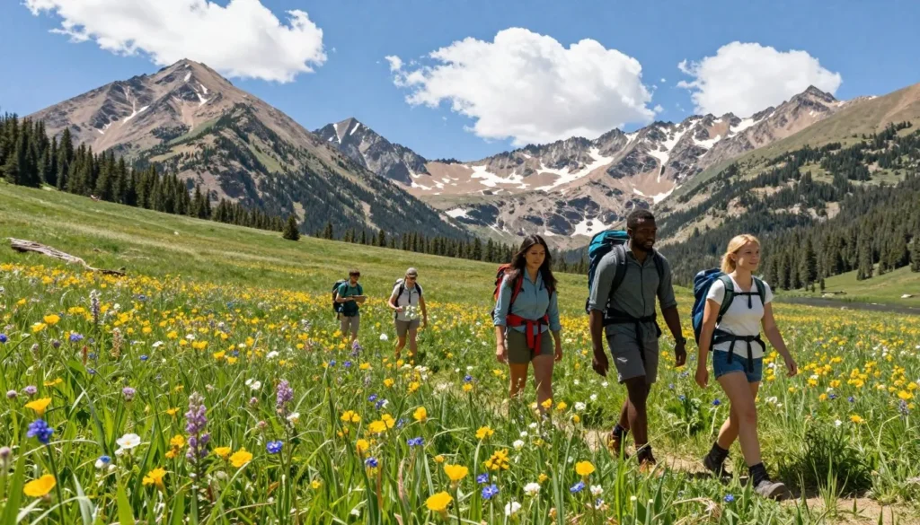Alpine meadow with wildflowers and mountain peaks in Rocky Mountain National Park Colorado Alpine meadow with wildflowers and mountain peaks in Rocky Mountain National Park Colorado