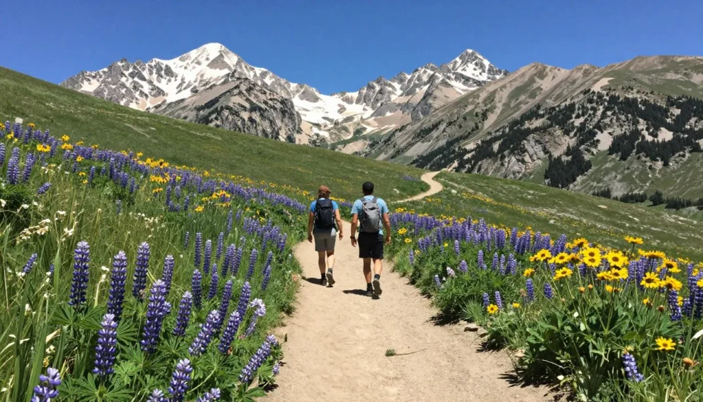 Alpine trail through wildflower meadows with mountain peaks