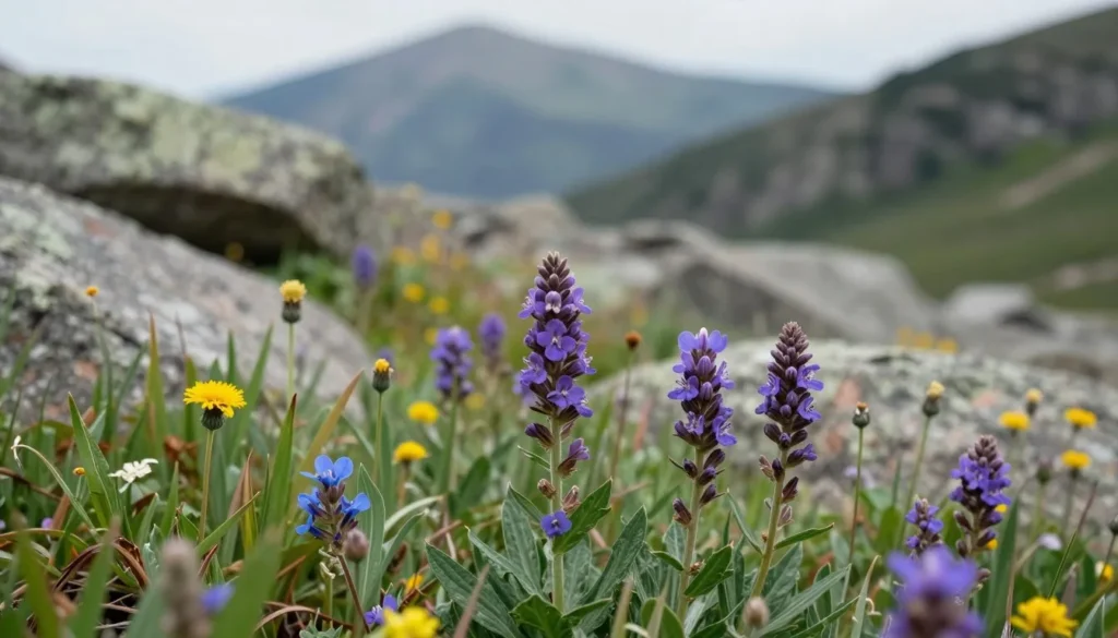 Alpine wildflower meadow at Grandfather Mountain with rare plant species blooming among rocks Alpine wildflower meadow at Grandfather Mountain with rare plant species blooming among rocks