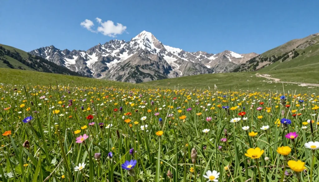 Alpine wildflower meadow on Mount Nebo with colorful blooms and mountain backdrop