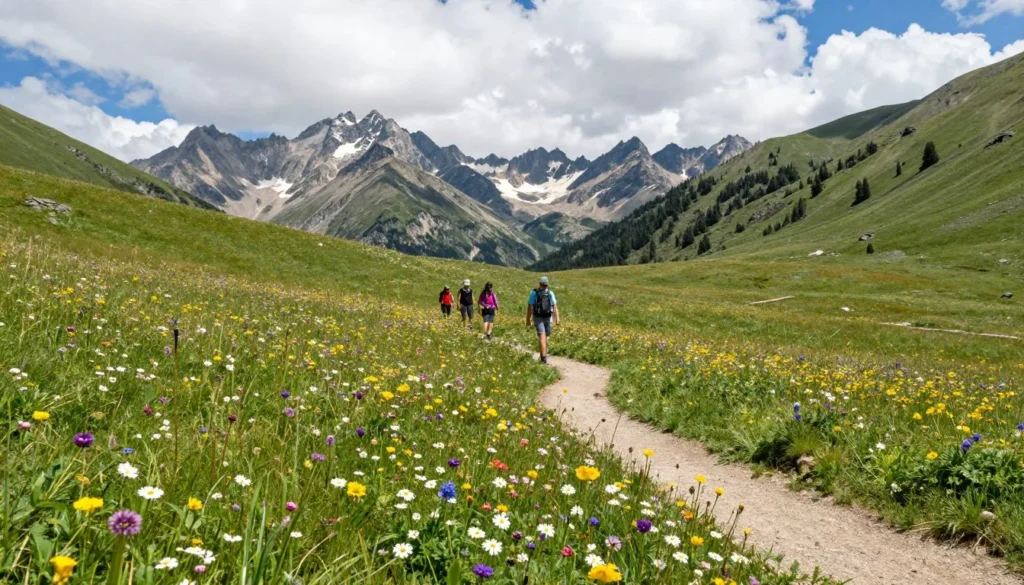 Alpine wildflower meadow with Colorado peaks and hiking trail Alpine wildflower meadow with Colorado peaks and hiking trail